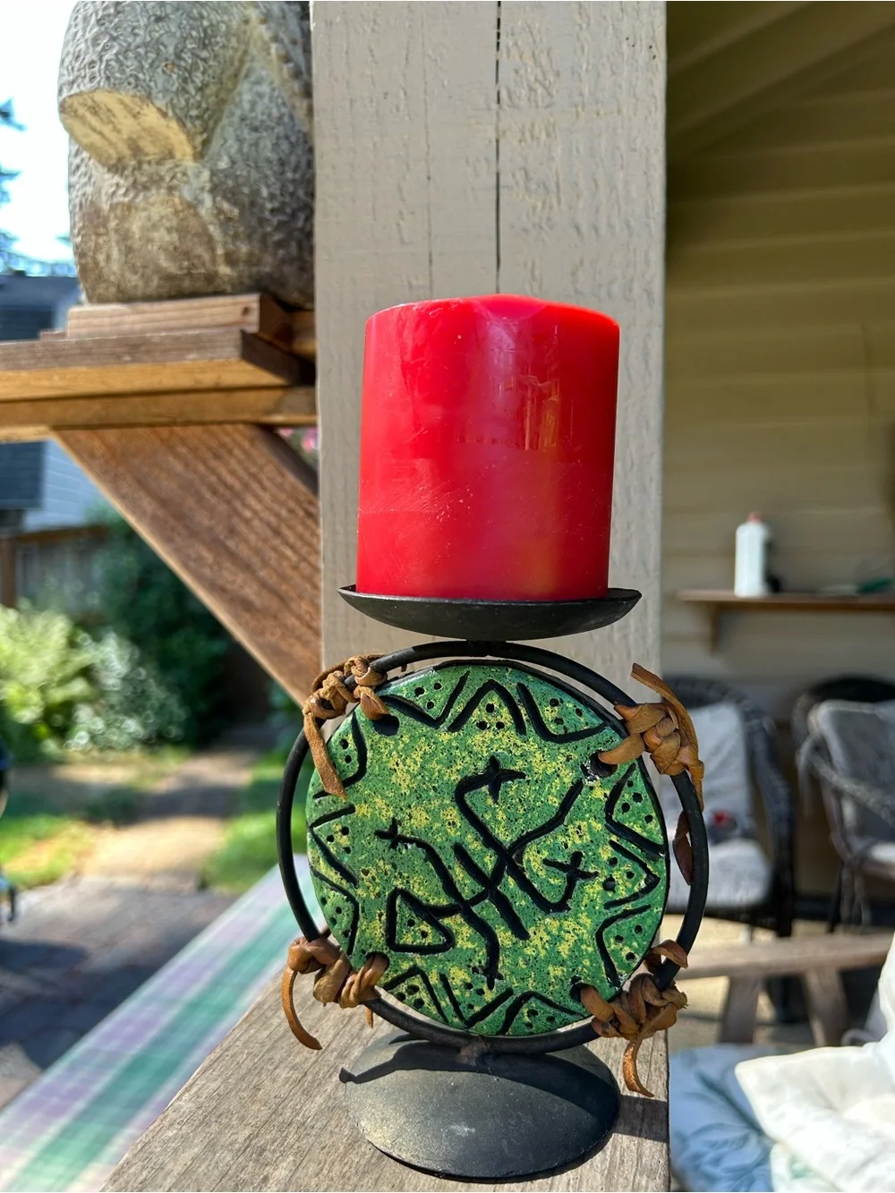Rustic Green Mosaic Candle Holder with Red Pillar Decorative candleholder